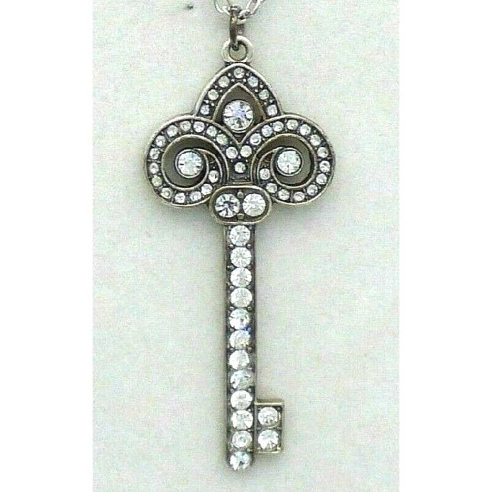 Skeleton Key Pendant Chain Necklace Clear Rhinestones Silver Tone Metal Sparkly!